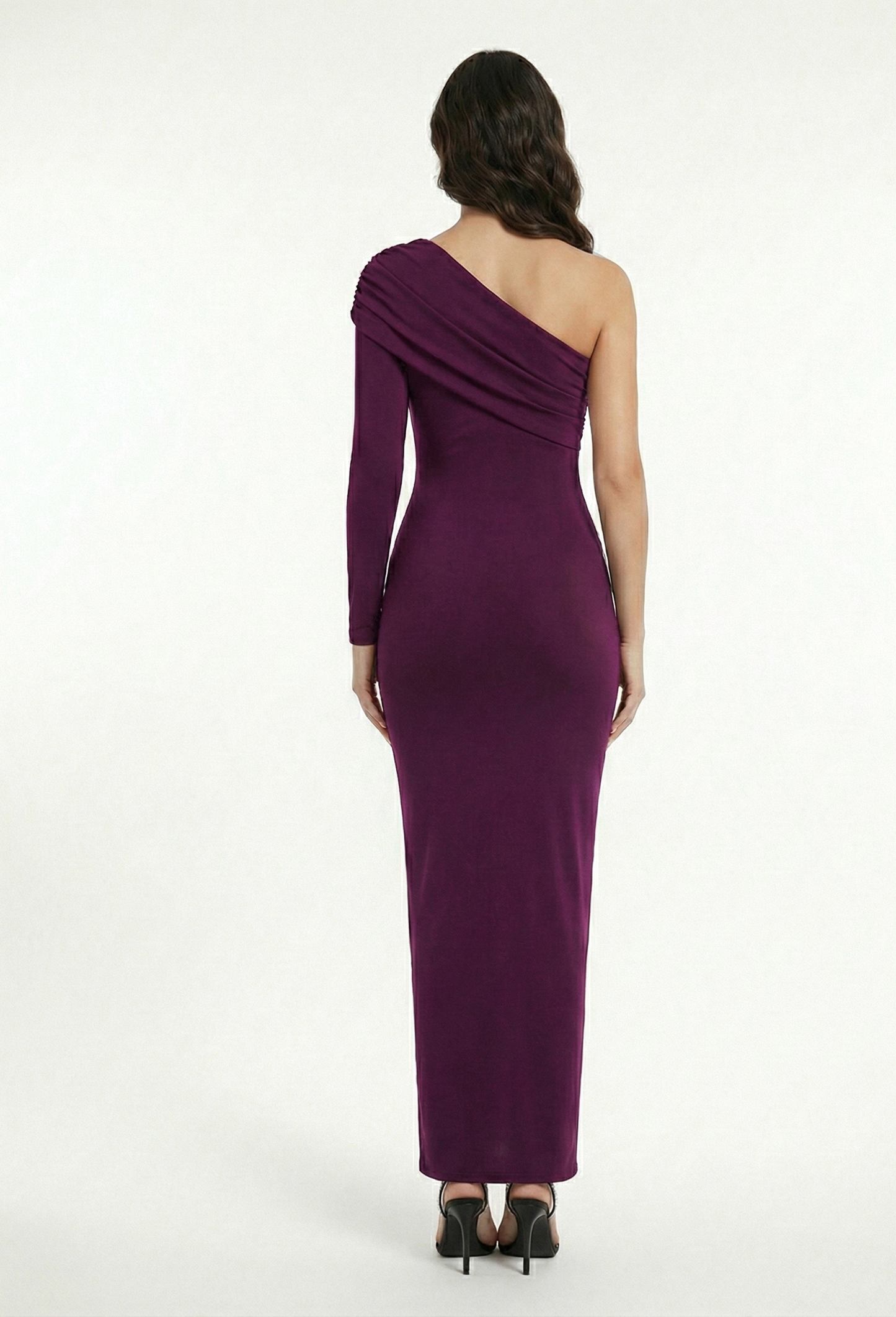 Abito lungo monospalla elegante da cerimonia donna viola con vestibilità aderente e drappeggio