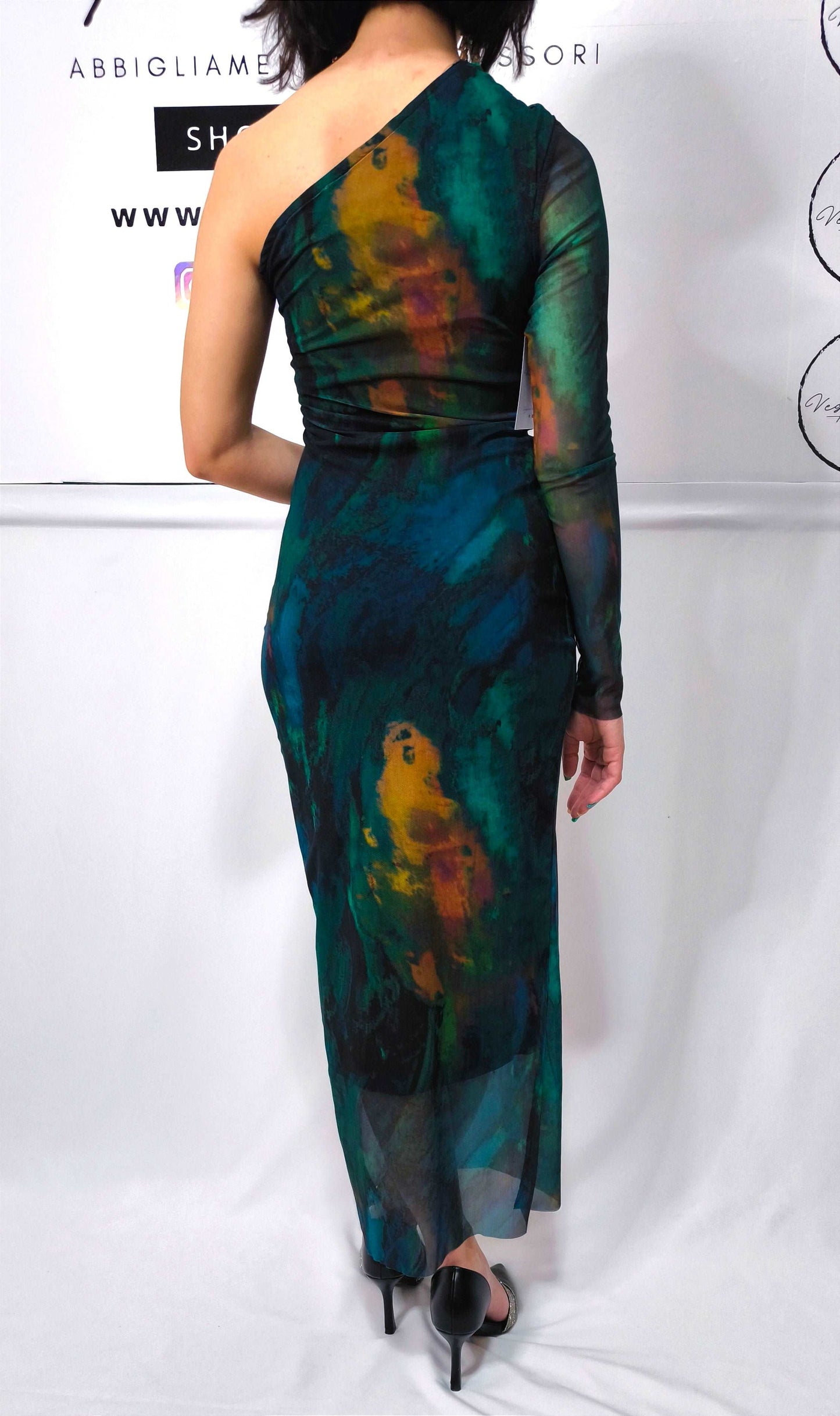 Abito monospalla fascino astratto manica lunga trasparente fantasia verde