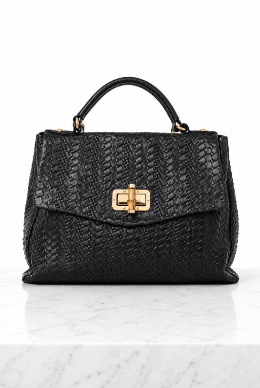 Borsa a mano donna nera in vera pelle intrecciata con chiusura dorata
