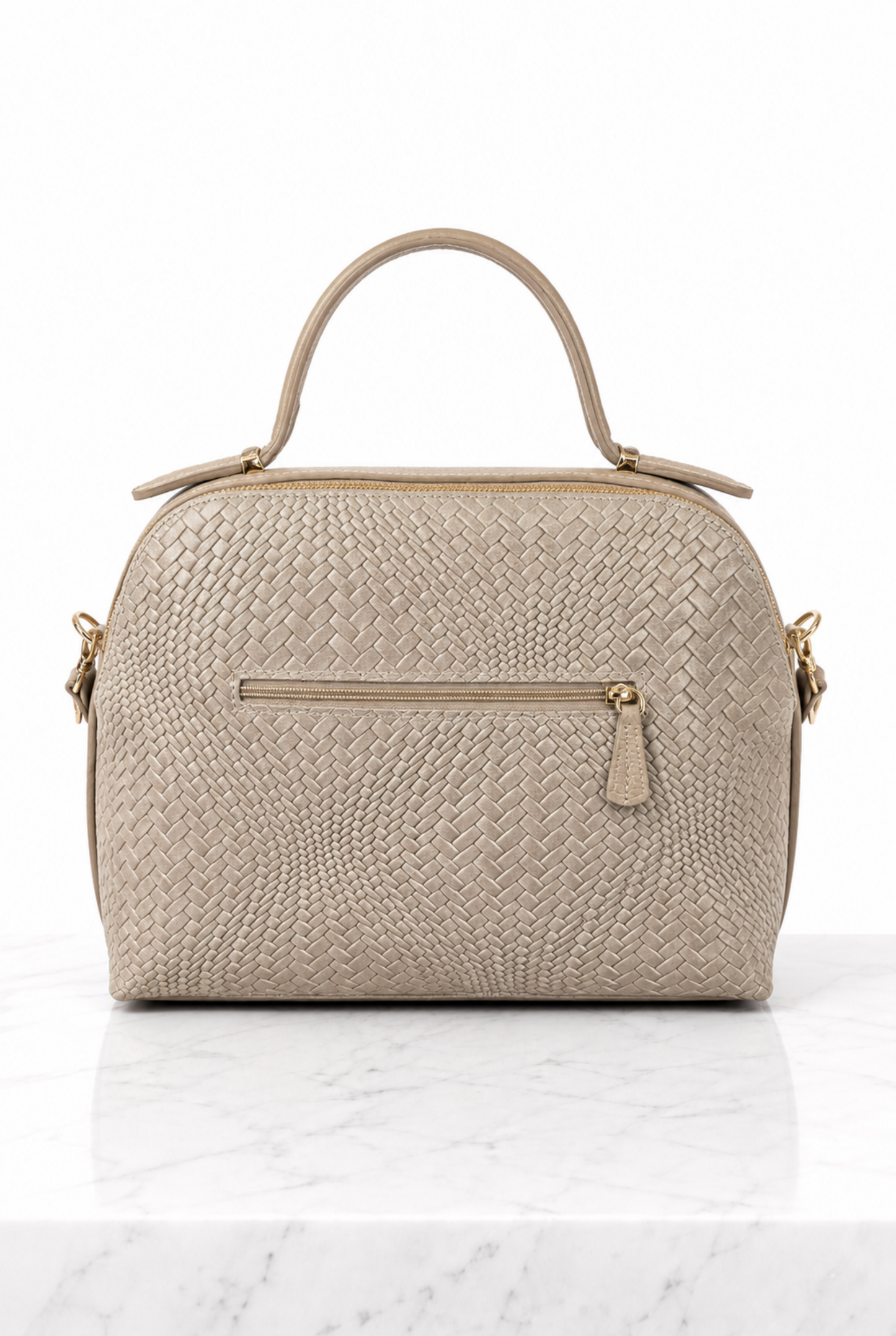 Retro della borsa donna in vera pelle intrecciata tortora con tasca esterna orizzontale con zip