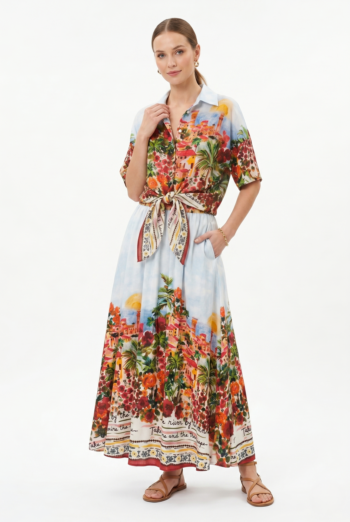 completo composto da gonna lunga leggera estiva donna 100% viscosa fantasia mediterranea rossa
