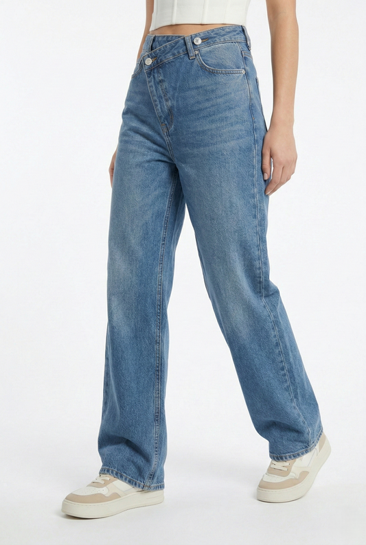 jeans donna vita alta chiusura asimmetrica denim chiaro wide leg
