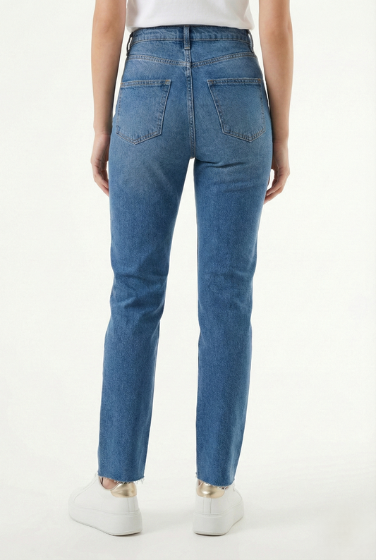 Jeans donna vita alta in denim blu con vestibilità regular fit e taglio dritto