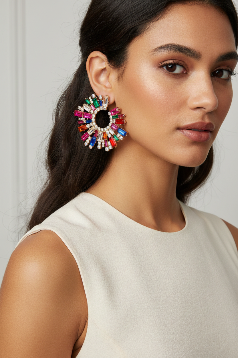 Orecchini a cerchio multicolor con cristalli su modella elegante