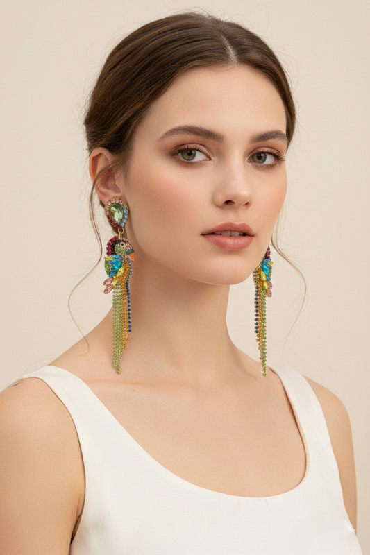 Orecchini pendenti pappagallo multicolor con cristalli indossati da donna, gioiello elegante e colorato