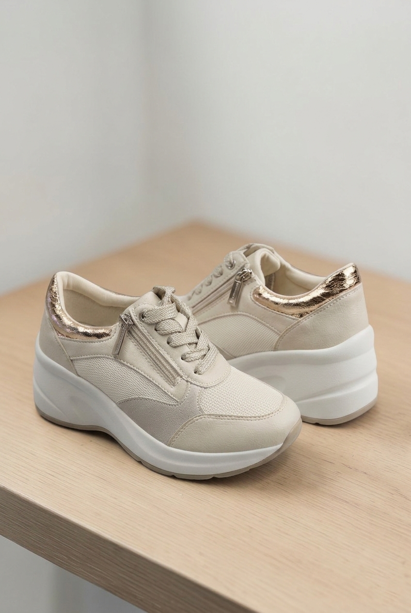 Sneakers platform beige donna con zip laterale e suola alta 6,5 cm
