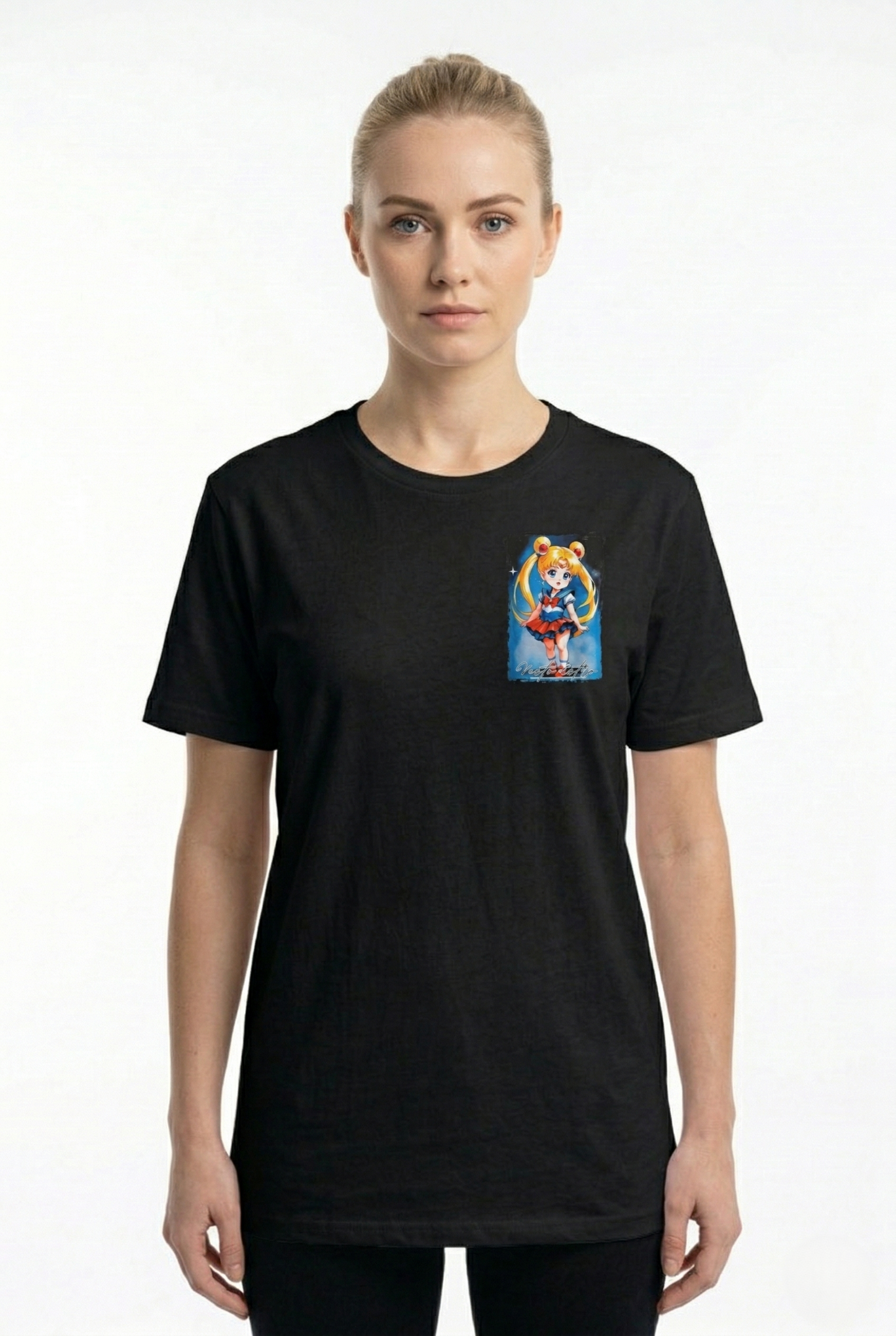 T-shirt Sailor Moon nera con stampa anime fronte donna