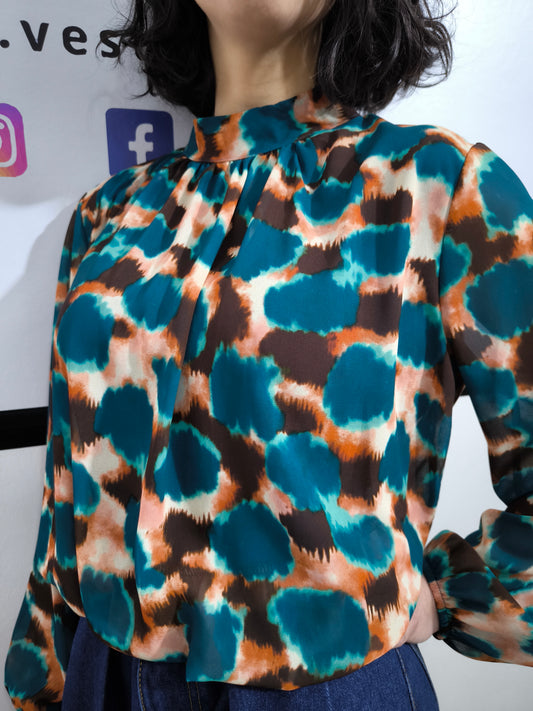 Blusa donna maniche a palloncino fantasia astratta multicolore