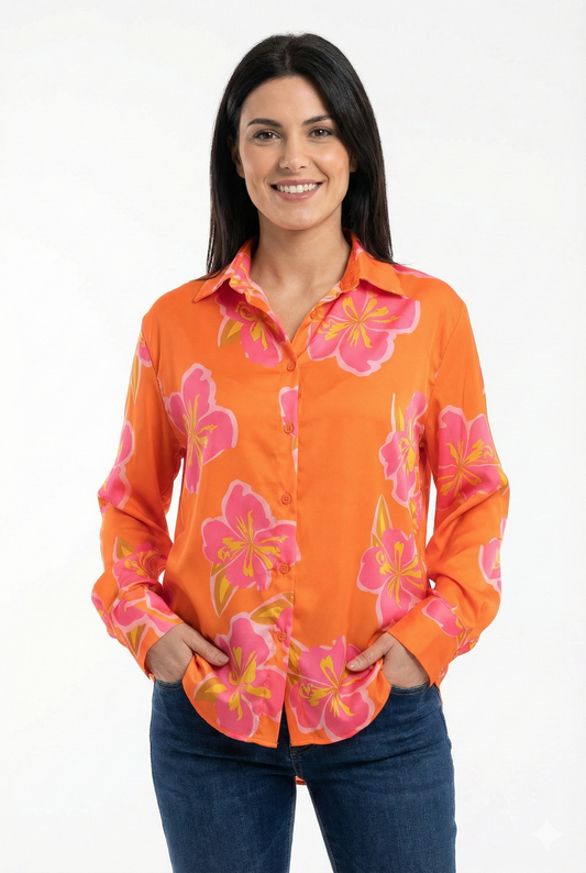 Camicia donna floreale arancione con fiori rosa, camicia elegante manica lunga