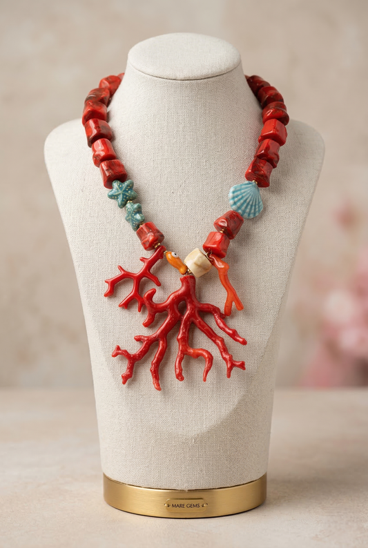 Collana con perle effetto corallo rosso e grande pendente a forma di corallo con conchiglia