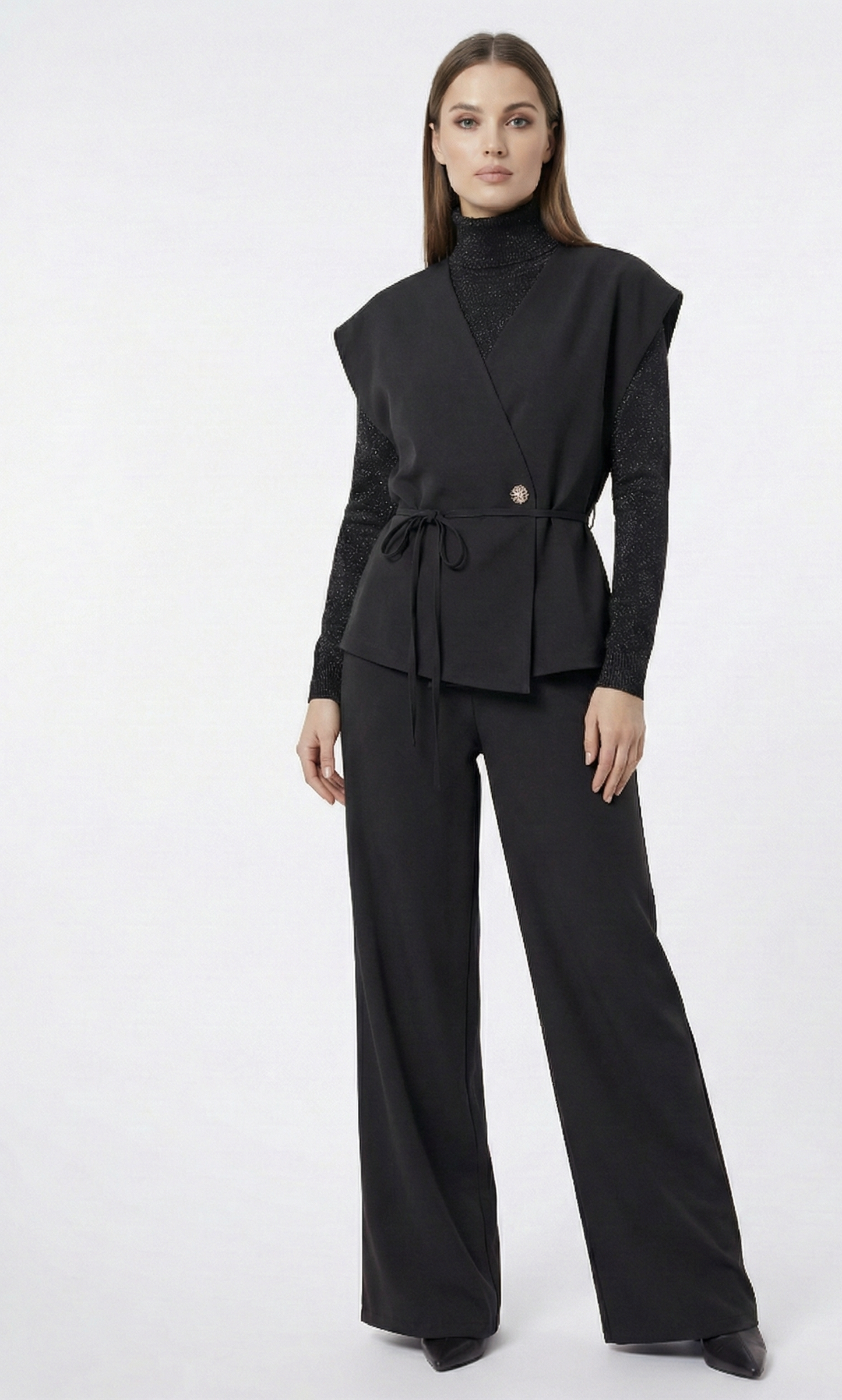 Completo donna elegante nero con gilet e pantalone palazzo