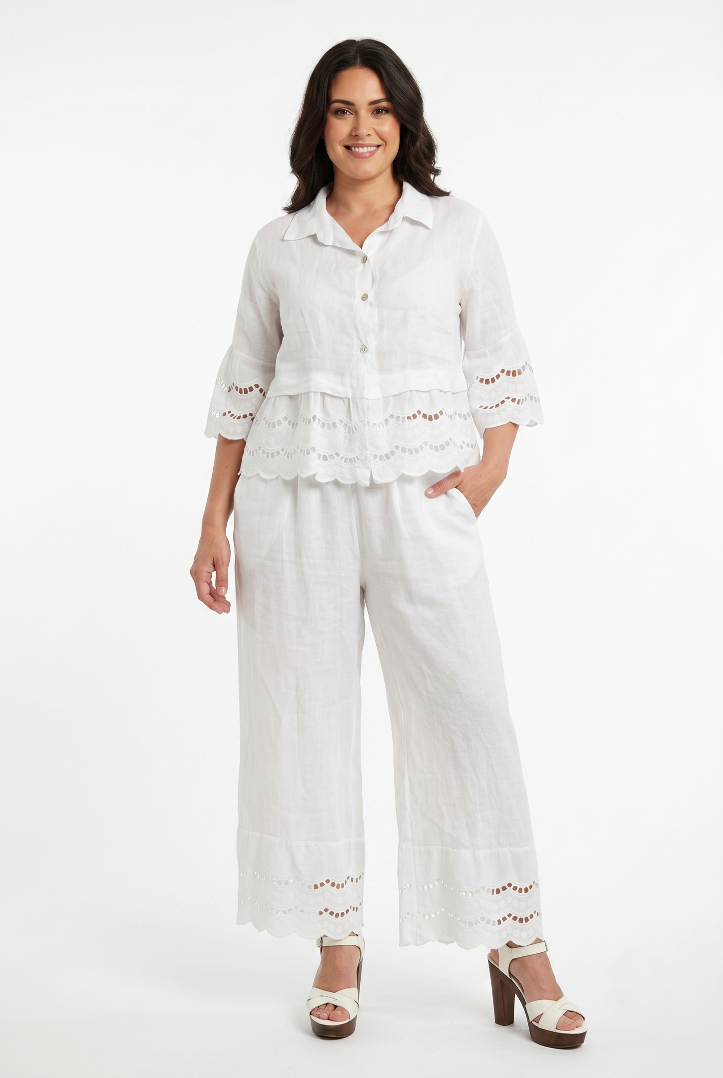 Pantaloni palazzo donna in puro lino con sangallo – Taglia unica
