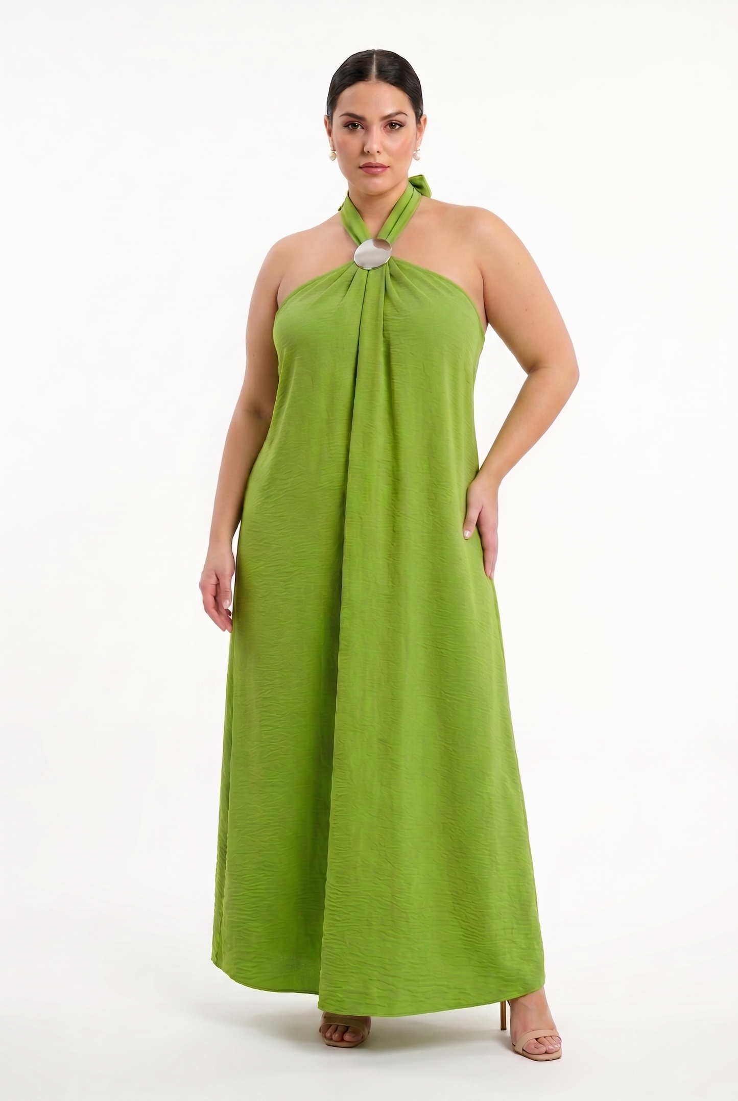 Abito lungo curvy taglia unica 48-56 con scollo halter e dettaglio gioiello