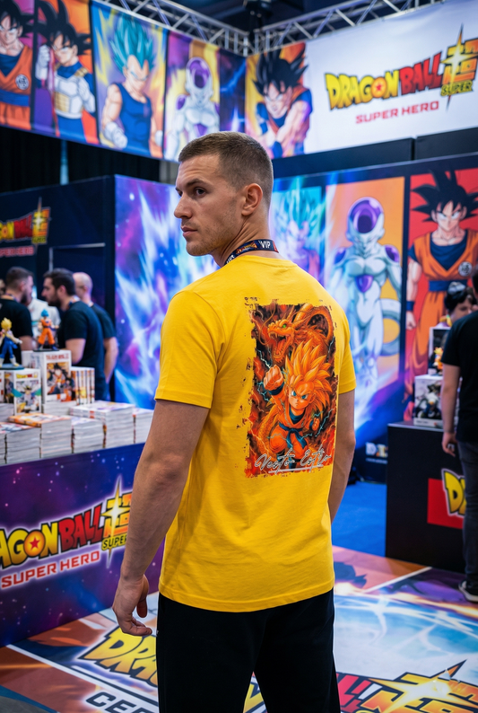 T-shirt gialla Goku Super Saiyan Dragon Ball indossata al Romics