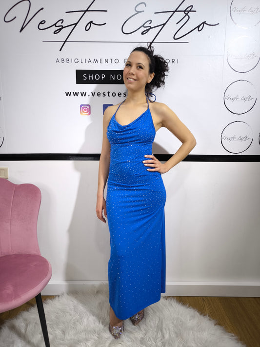 Abito sirena stellata – Vestito lungo con strass e schiena scoperta blu elettrico