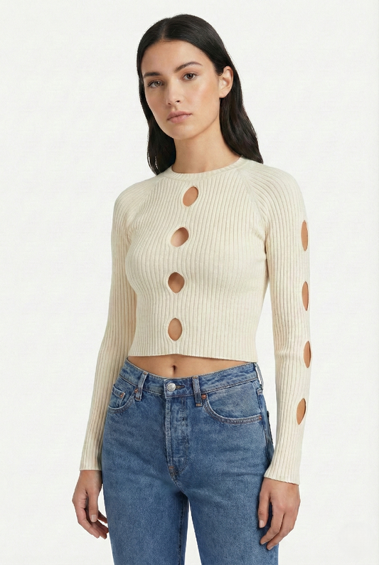 Maglia crop cut out donna a maniche lunghe con design moderno colore avorio