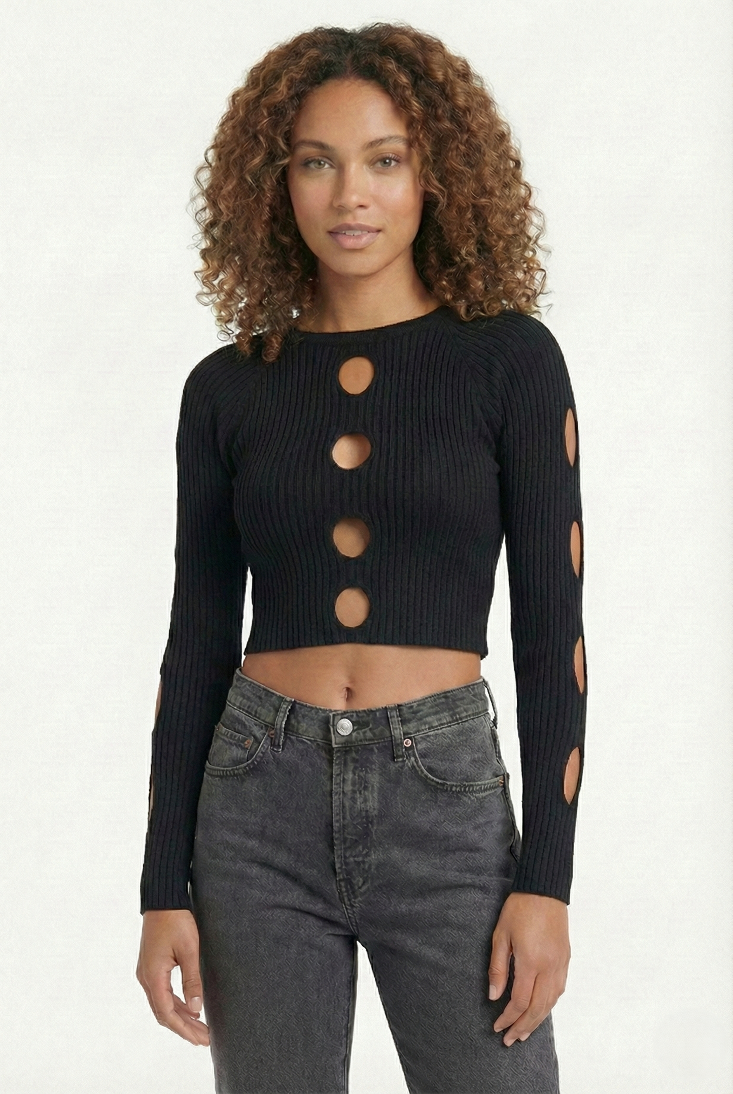 Maglia crop cut out donna a costine con aperture frontali e sulle maniche colore nero