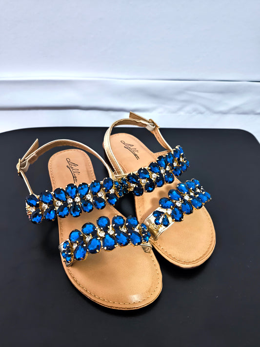 Sandali estivi da donna dorati con gioielli blu