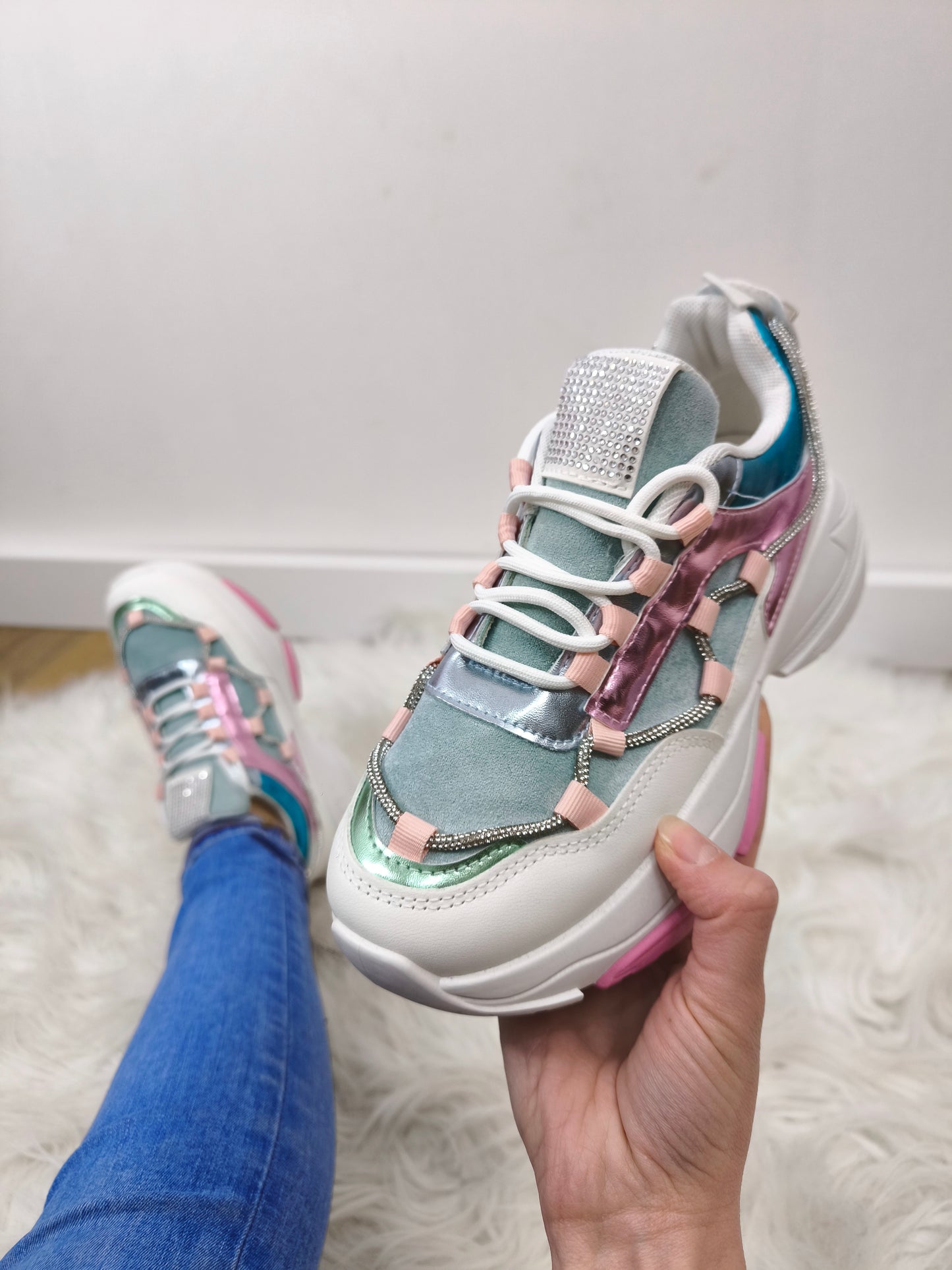 Sneakers donna scarpe sportive strass inserti metallizzati