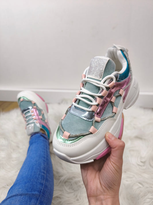 Sneakers donna scarpe sportive strass inserti metallizzati