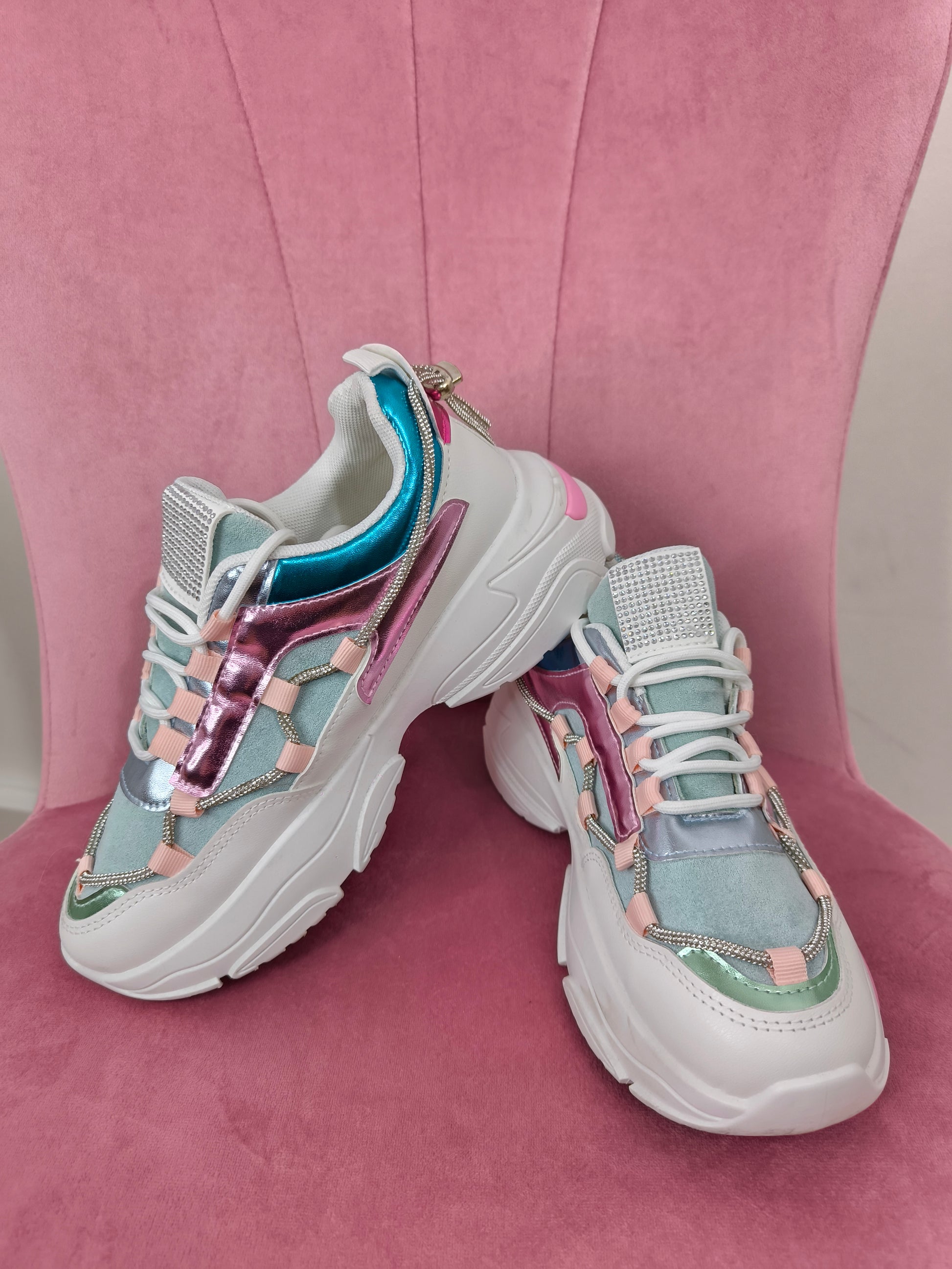 Sneakers donna scarpe sportive strass inserti metallizzati