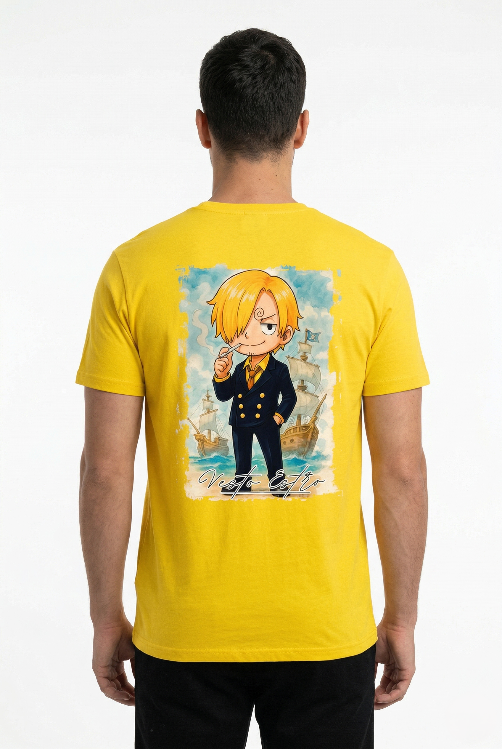T shirt Sanji One Piece gialla stampa grande retro Sanji anime