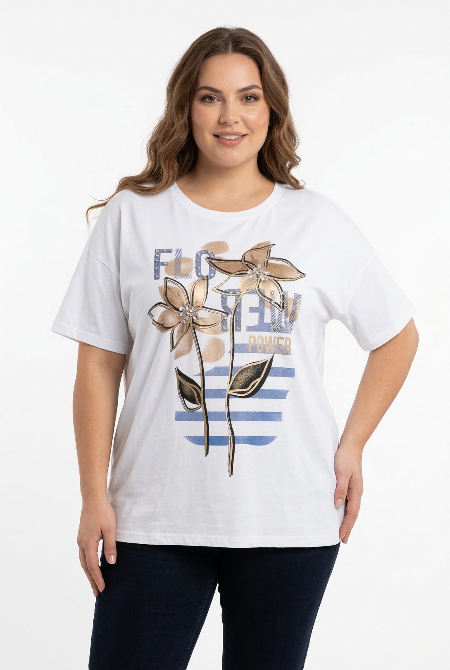 Dttaglio t-shirt curvy donna taglia unica fino alla 58 con stampa floreale dorata