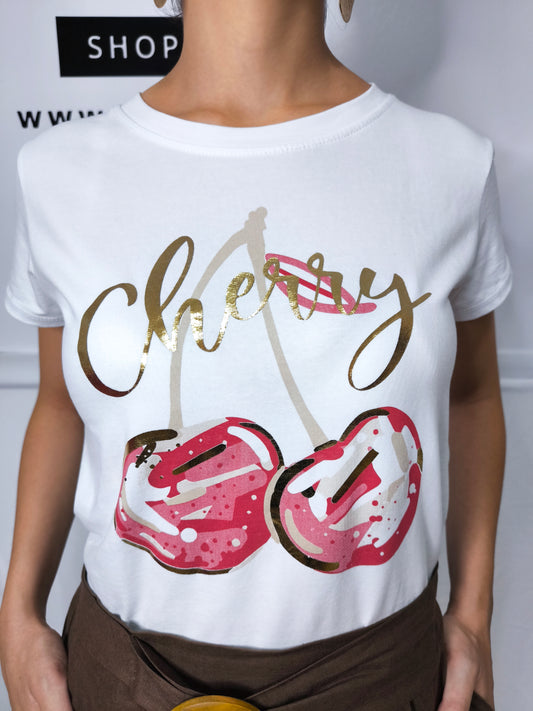 T-shirt bianca donna "Cherry" in cotone elasticizzato  con ciliegie rosse e scritta dorata