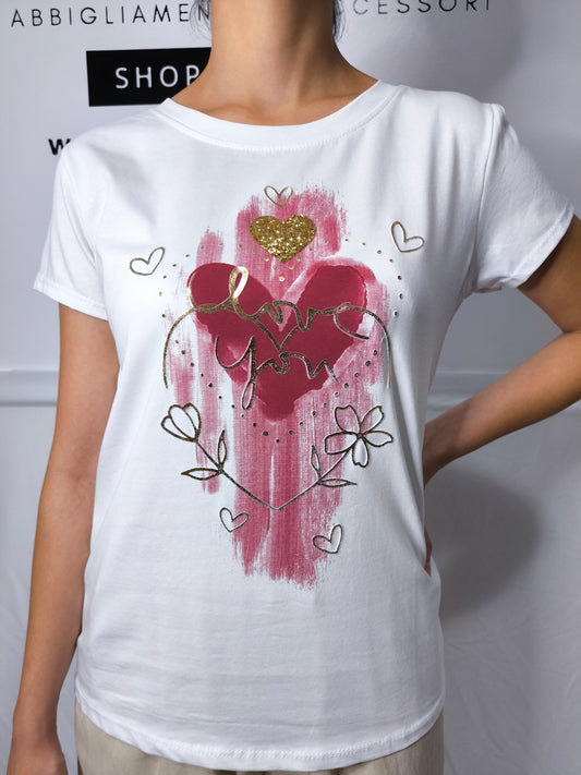 T-shirt donna bianca "Love You" in cotone elasticizzato con disegno rosso e dettagli dorati