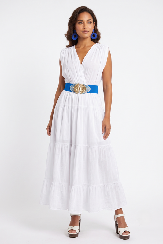 Abito lungo bianco donna a balze con cintura blu taglia unica fino alla 50