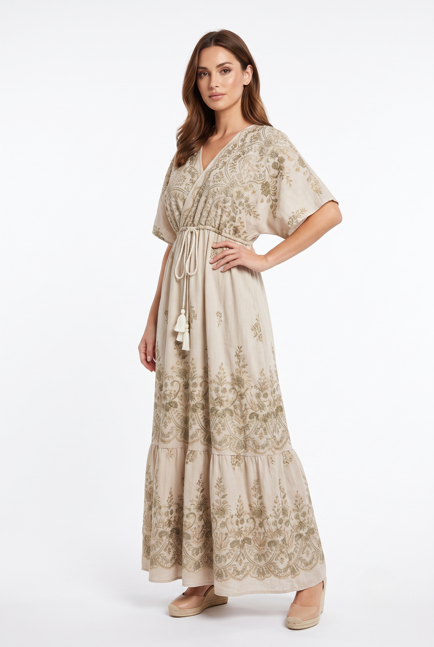 Abito lungo donna beige ricamato stile boho chic taglia unica