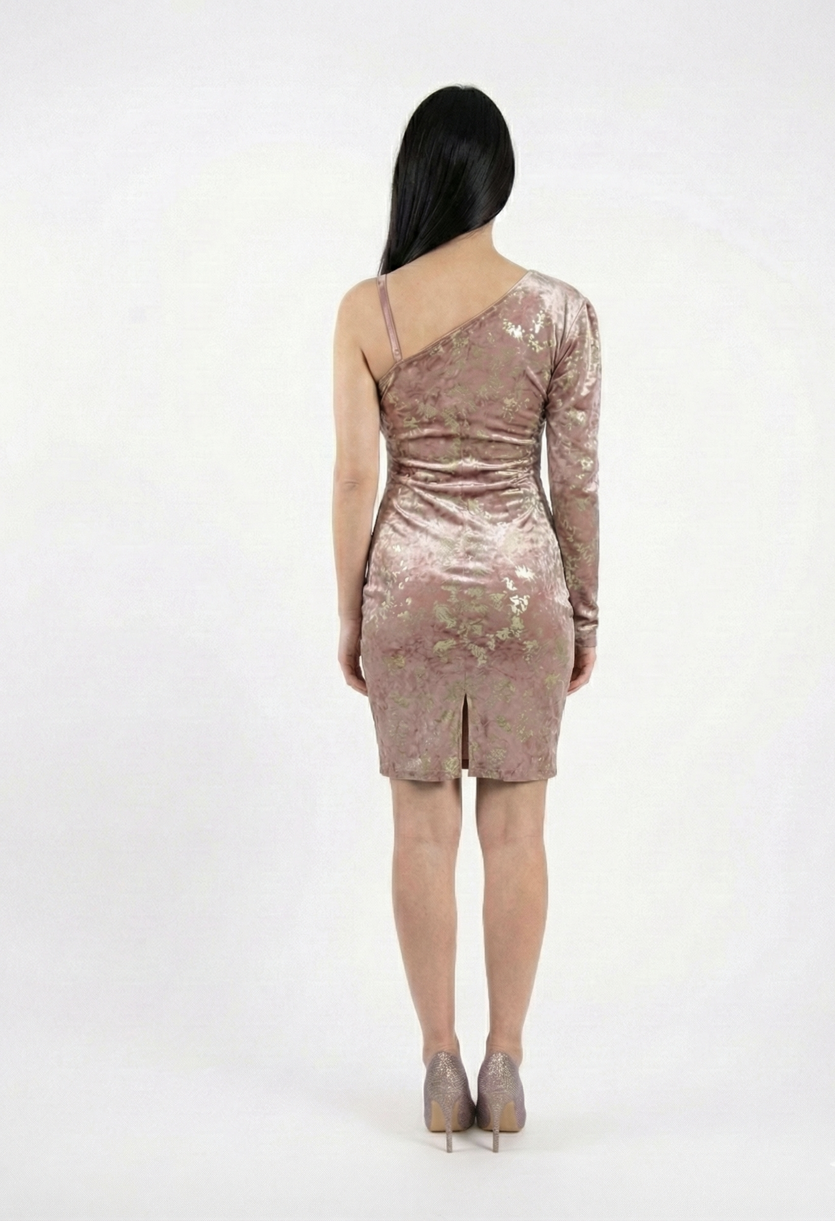 abito donna elegante monospalla rosa cipria e dorato