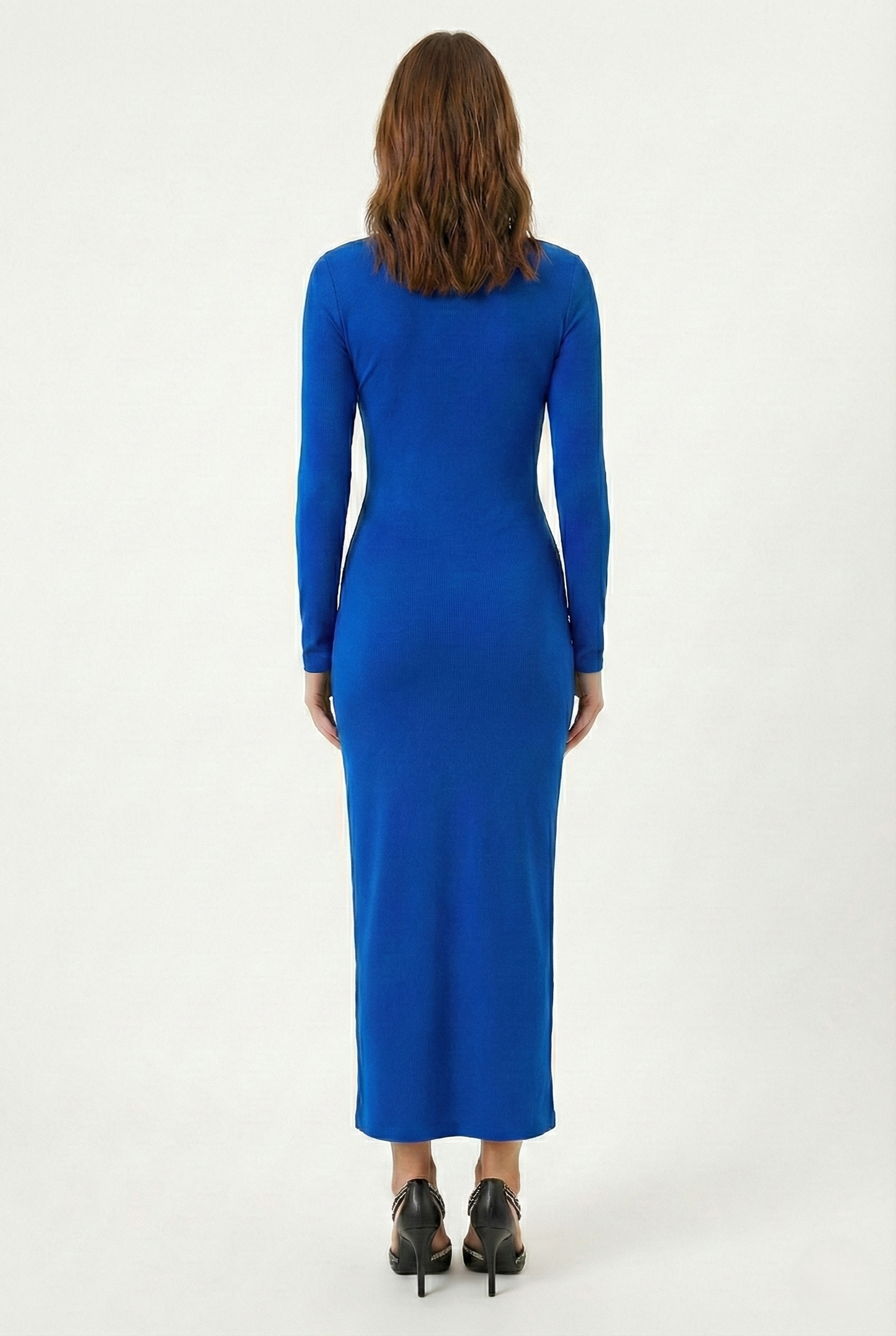 Abito lungo blu aderente elasticizzato senza zip