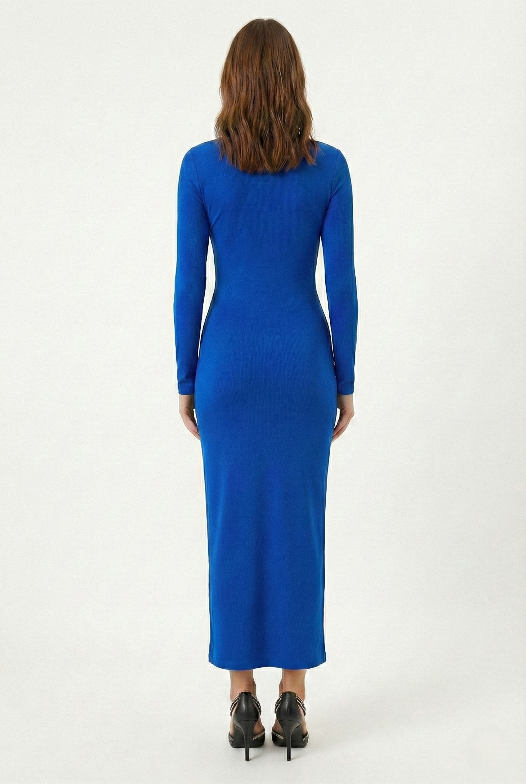 Abito lungo blu aderente elasticizzato senza zip