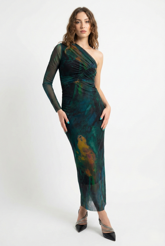 Abito lungo elasticizzato monospalla con manica lunga fantasia verde