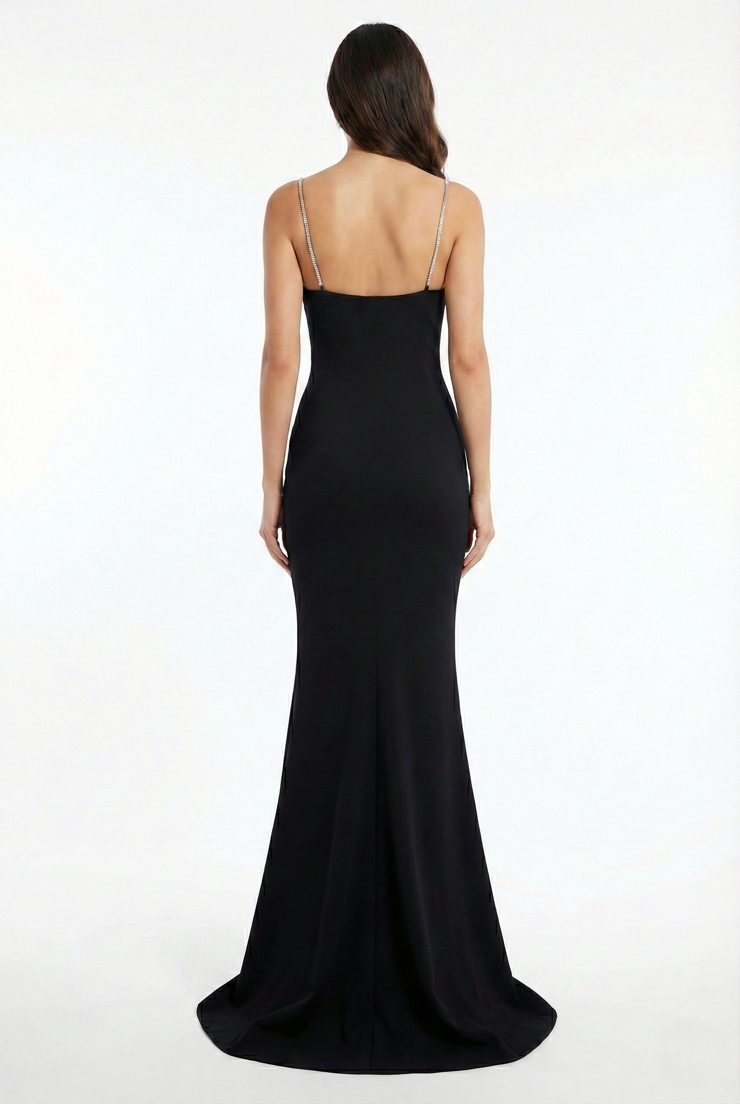 Abito lungo elegante nero con spalline gioiello e spacco laterale