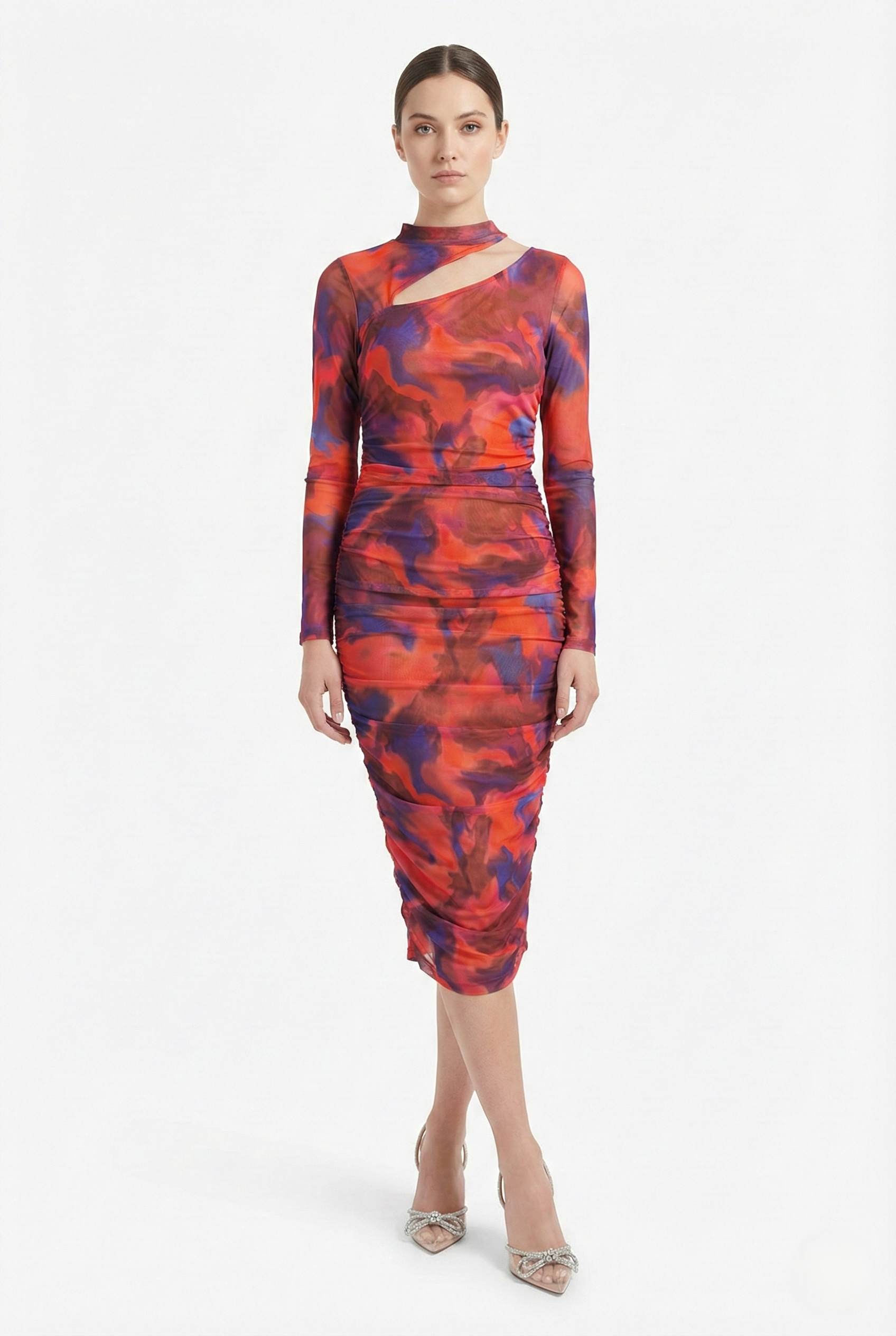 Abito midi aderente fantasia multicolor con cut-out vista frontale