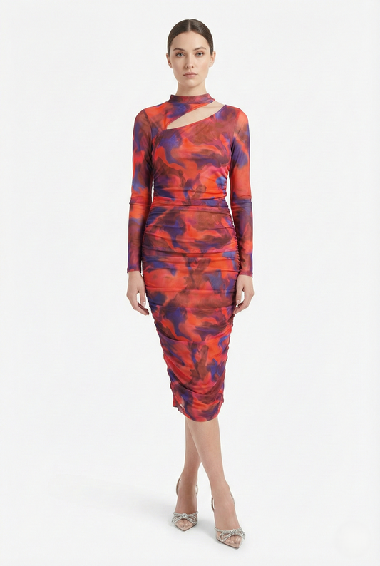 Abito midi aderente fantasia multicolor con cut-out vista frontale