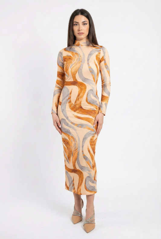 Abito midi aderente fantasia con collo alto e maniche lunghe vista frontale
