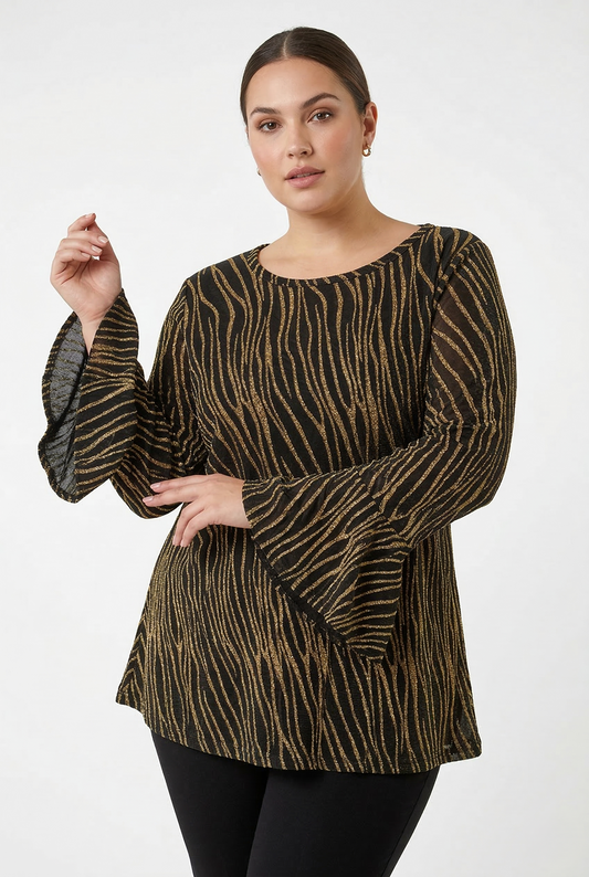 Blusa curvy elegante nera con fantasia oro e maniche a campana taglie forti