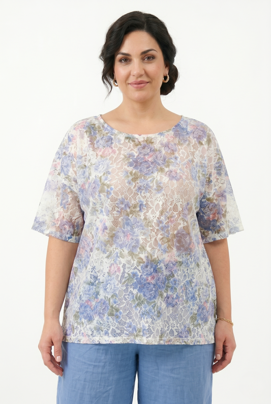 Blusa curvy floreale in viscosa e cotone vestibilità ampia taglia unica 46-58