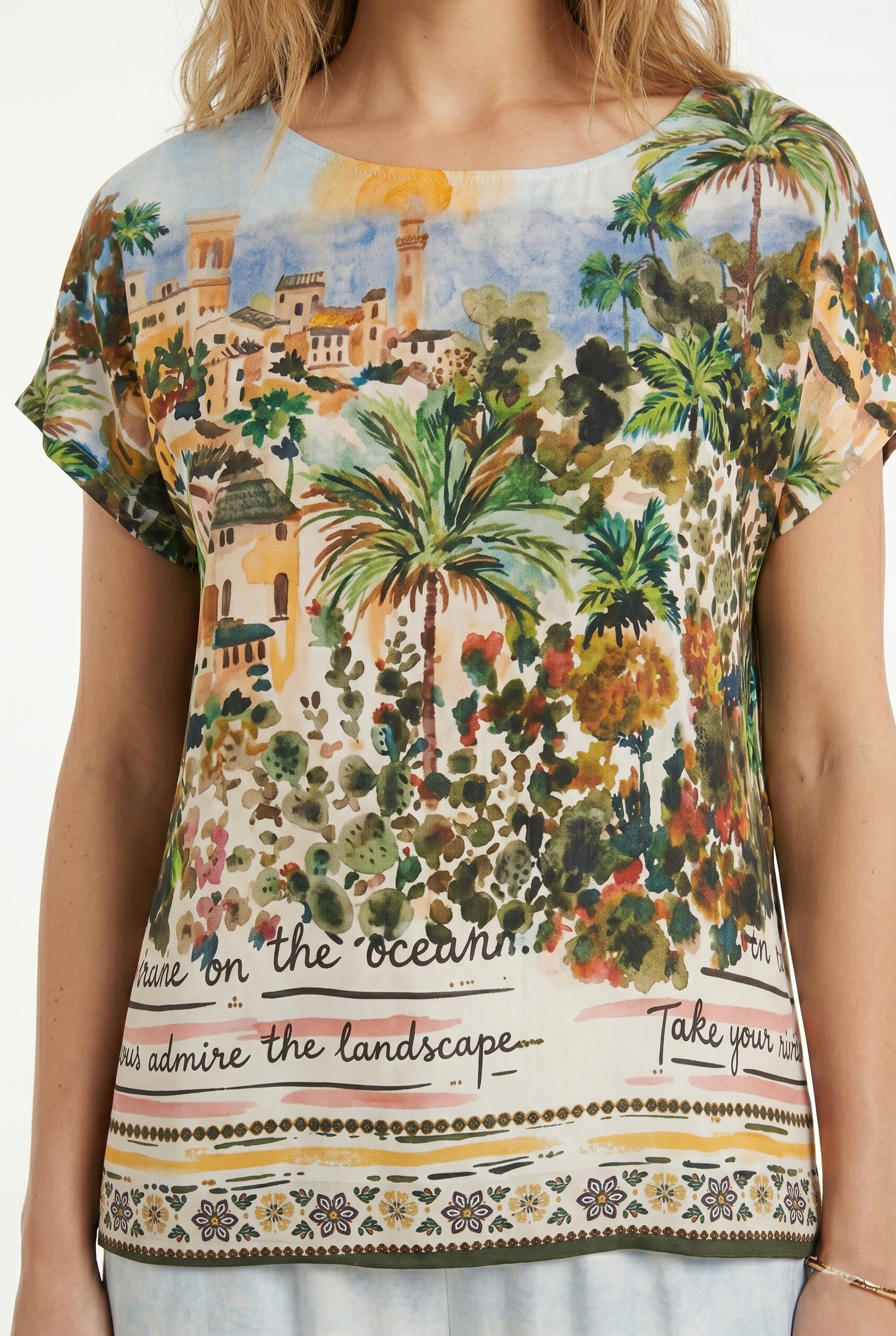 Blusa 100% viscosa fantasia paesaggio verde militare