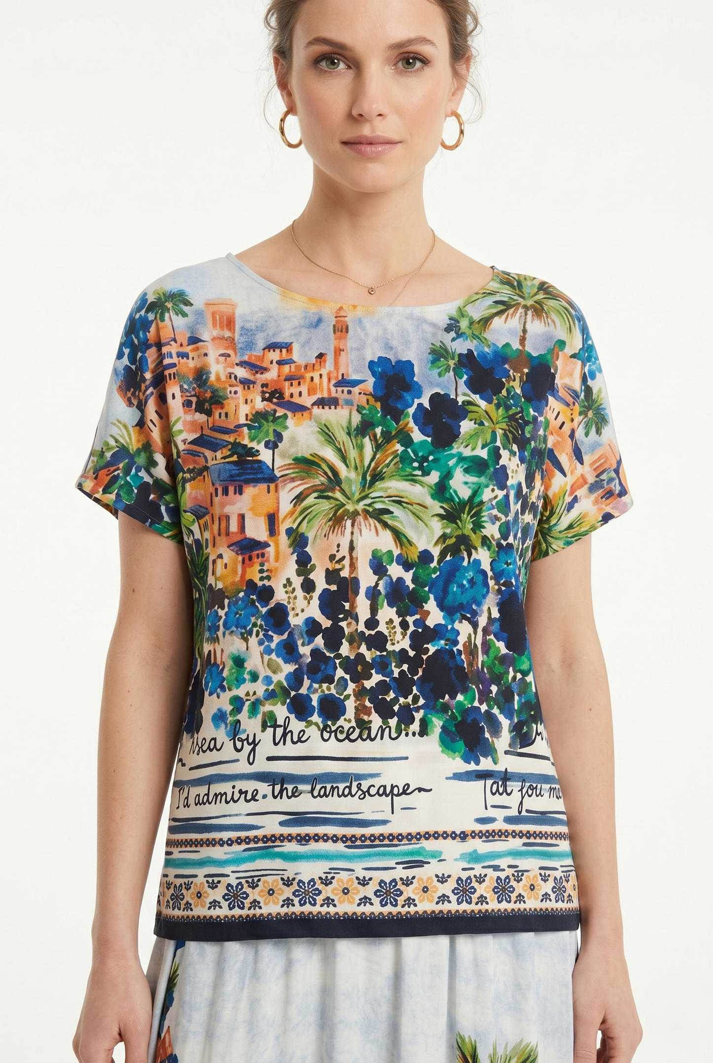 Blusa femminile 100% viscosa fantasia paesaggio mediterraneo blu