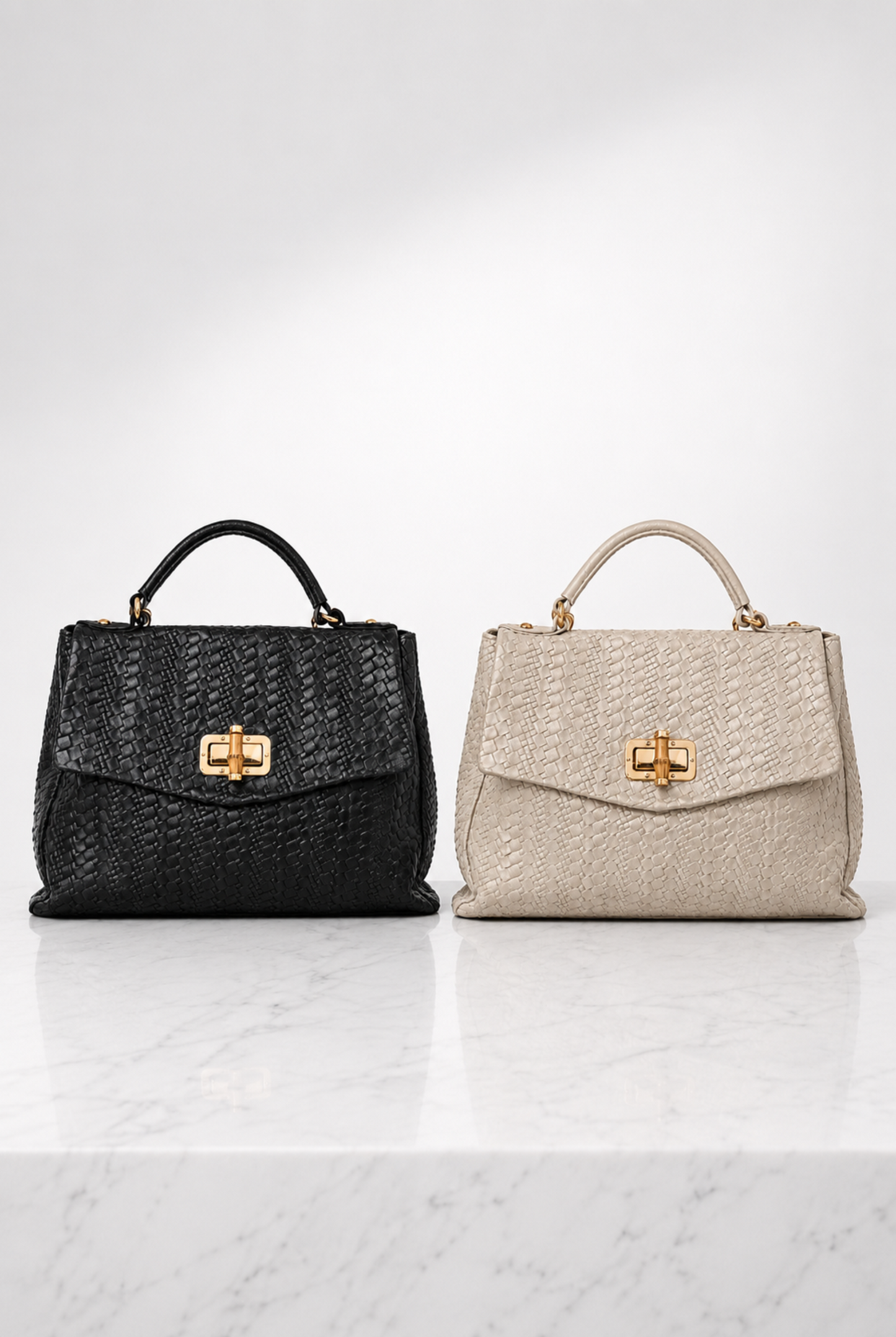 Borsa a mano donna in vera pelle intrecciata disponibile in nero e tortora chiaro