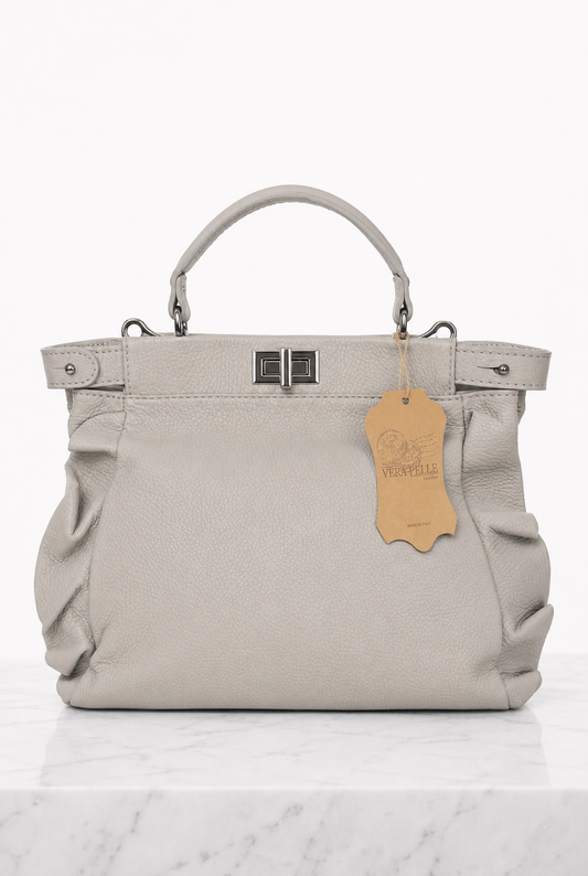 Borsa donna in vera pelle grigio perla con manico e chiusura metallica frontale