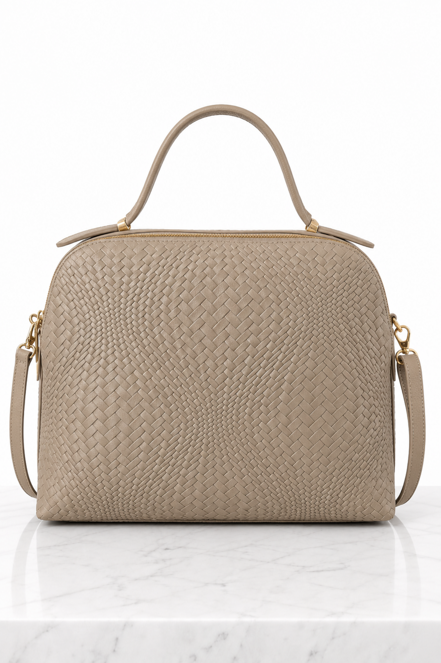 Borsa donna tortora in vera pelle intrecciata con manico e tracolla removibile, vista frontale