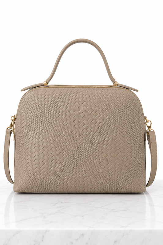 Borsa donna tortora in vera pelle intrecciata con manico e tracolla removibile, vista frontale