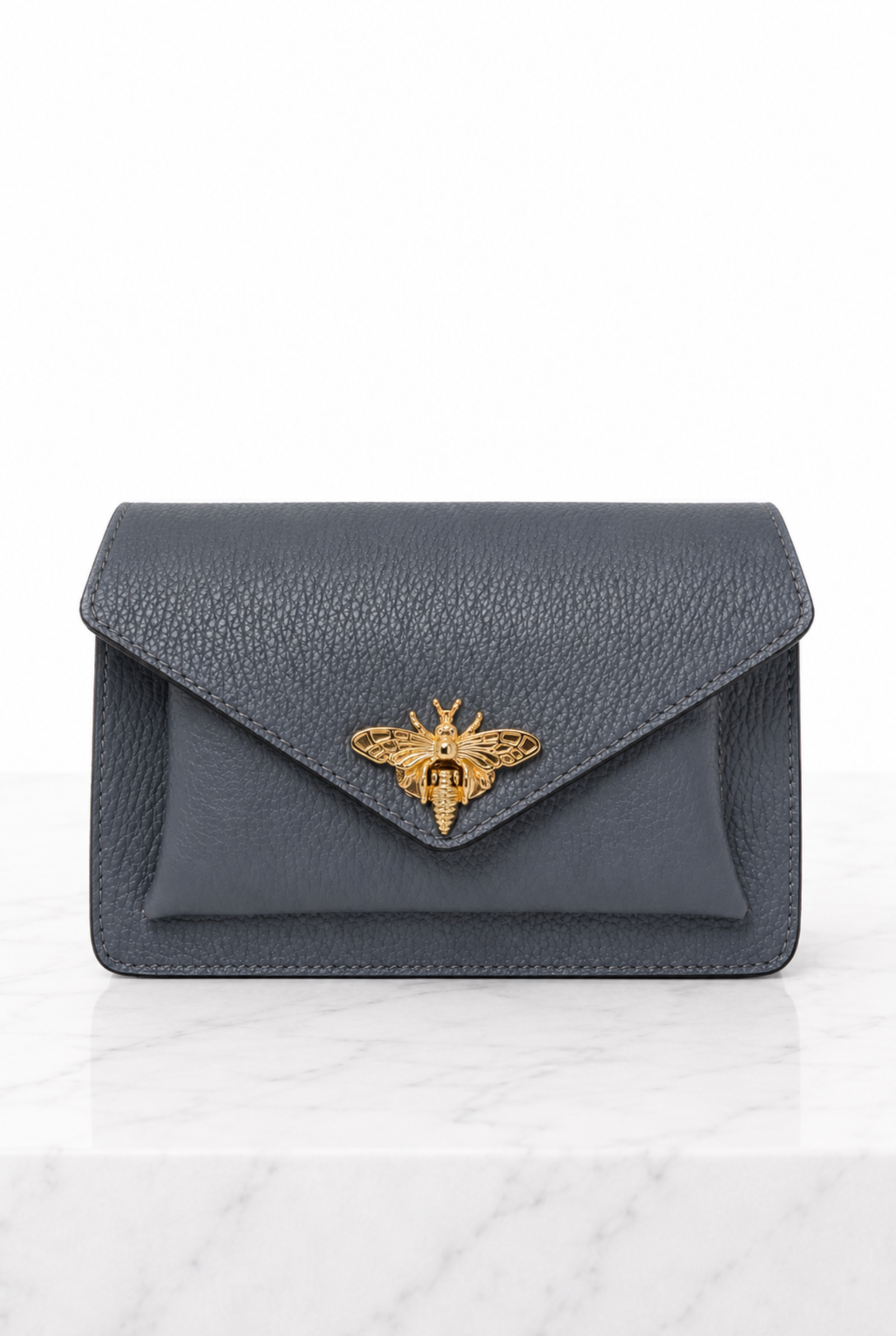 Borsa donna grigio azzurro in vera pelle con ape dorata vista frontale