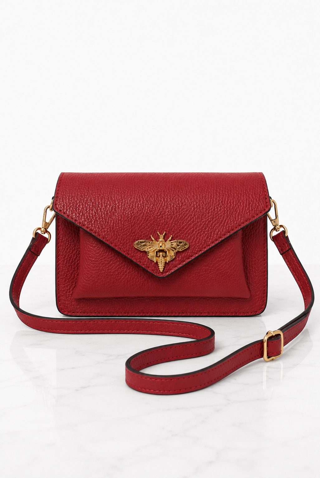 Borsa rossa in vera pelle con tracolla regolabile a scorrimento e ape dorata