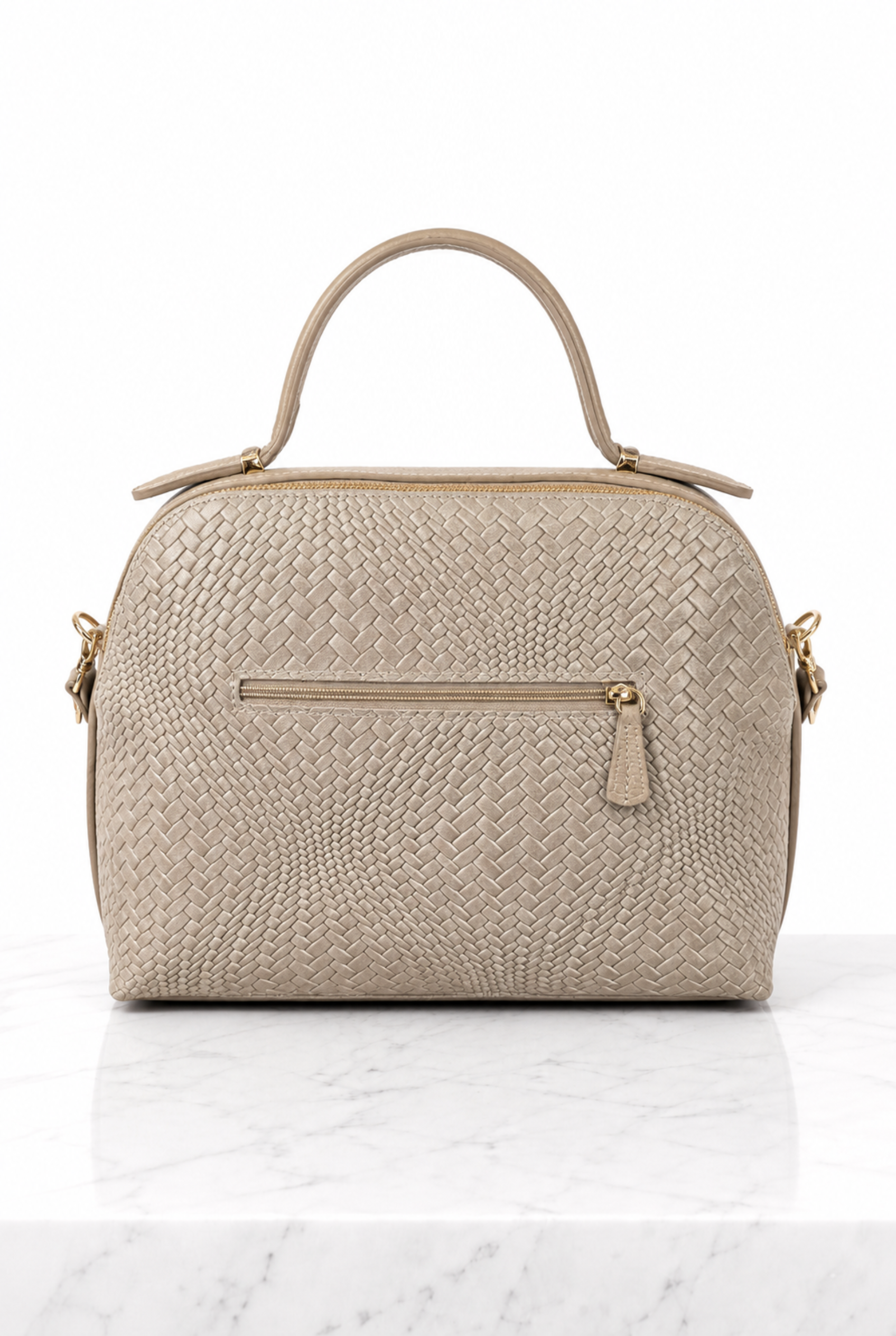 Retro della borsa donna in vera pelle intrecciata tortora con tasca esterna orizzontale con zip